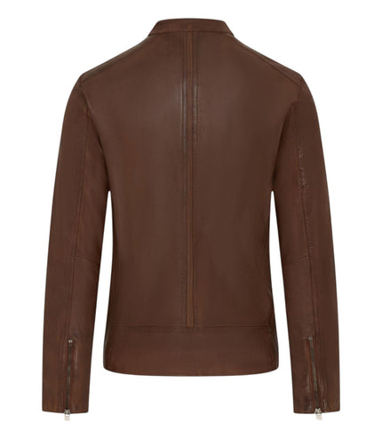 Mens Leather Brown Stand Collar Cafe Racer Biker Jacket - E184
