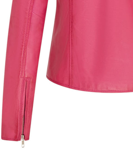 Women's Classic Brando Biker Leather Jacket - Broome - Fuschia