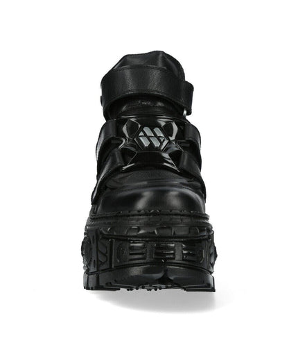 New Rock Metallic Ankle Black Leather Boots-WALL285-S2