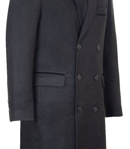 Mens 3/4 Black Long Double Breasted Overcoat Wool Coat Peaky Blinders