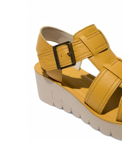 Fly London Women's Yudd236Fly Bumblebee Yellow Mousse Leather Wedge Sandals