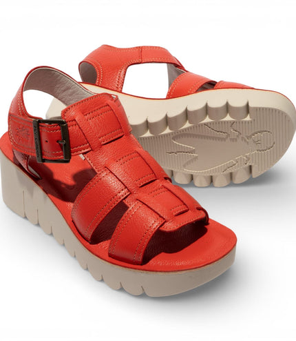 Fly London Women's YUDD236FLY Devil Red Leather Wedge Sandals