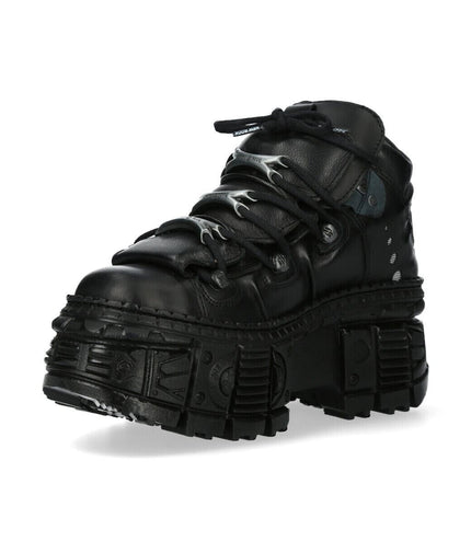 New Rock Metallic Ankle Black Leather Boots-WALL106-S12