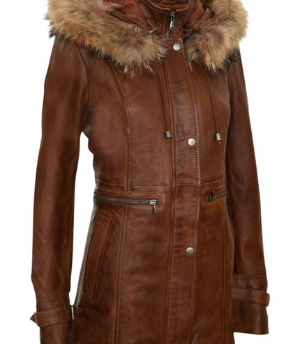 Womens Warm Leather Hooded Parka Jacket-Northwich - Tan