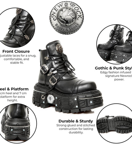 New Rock M-Tank007-S1 Black Leather Gothic Combat Platform Ankle Boots