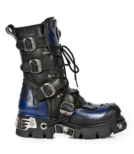 New Rock Unisex Black/Blue Leather Gothic Biker Skull Boots - 107-C5