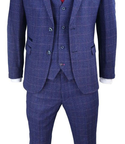 Mens 3 Piece Blue Herringbone Check Vintage Classic Suit