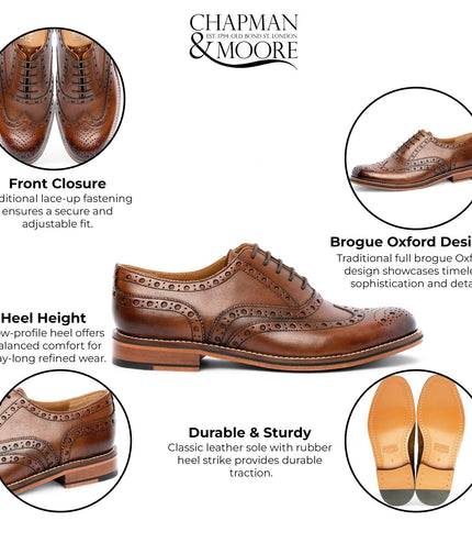 Chapman & Moore Men's Brown Leather Wingtip Brogue Oxford Office Shoes