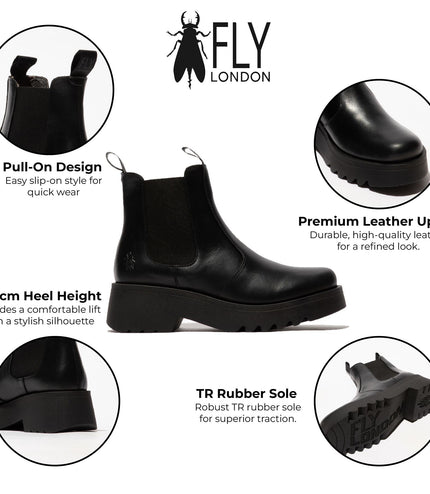 Fly London Womens Black Medi789 Wedged Chelsea Ankle Leather Platform Boots