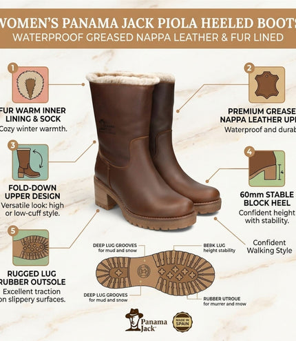 Panama Jack Women's Bark Brown Leather Waterproof Warm Heeled Boots - Piola B8