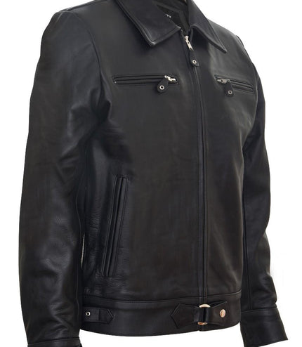 Mens Black Cowhide Leather Harrington Jacket-Geneva
