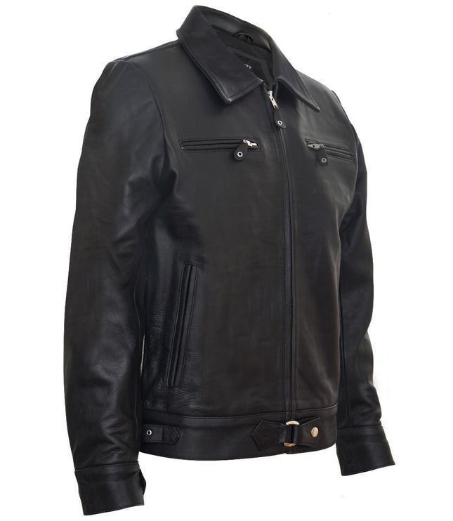 Mens Black Cowhide Leather Harrington Jacket-Geneva