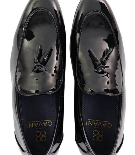 Mens Tasselled Black Patent Leather Slip On Loafers
