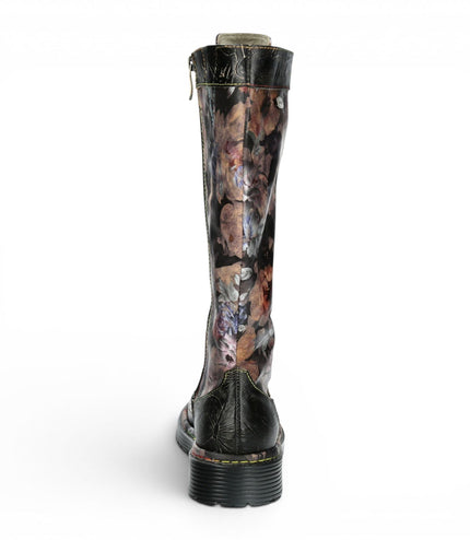 Laura Vita Women's Maroon Gothic Victorian Floral Black Leather Knee-High Lace-Up Boots - Incaso-50