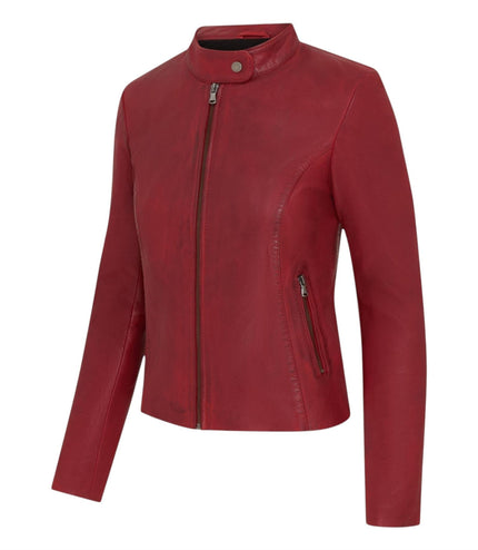 Womens Red Leather Stand Collar Racer Biker Jacket - 181