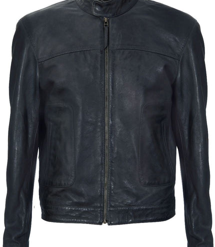 Men's Classic Fitted Leather Biker Jacket-Austin - Grey