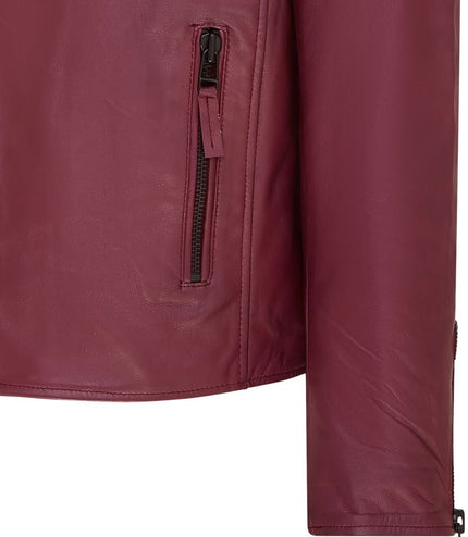 Mens Slim Fit Brando Style Double Cross Zip 100% Leather Biker Jacket - Burgundy
