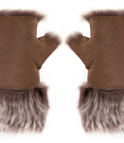 Womens Shearling  Mittens Fingerless Cuffs Toscana Suede Sheepskin Fur - Taupe