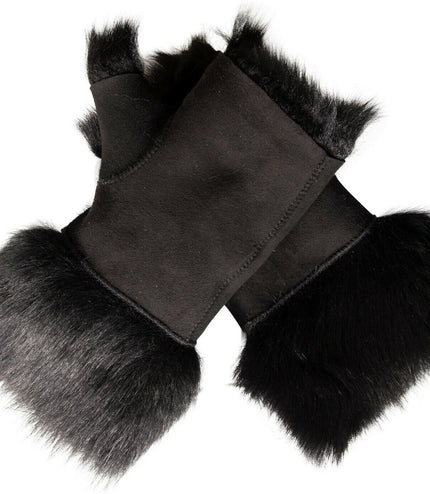 Womens Shearling  Mittens Fingerless Cuffs Toscana Suede Sheepskin Fur - Black