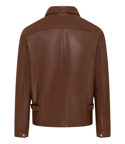 Mens Leather Tan Harrington Collar Biker Jacket - Arick