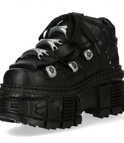 New Rock M-Overz106B-C1 Metallic Chunky Black Leather Gothic Ankle Boots