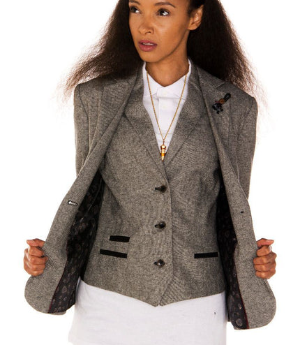 Womens Tweed 1920s Herringbone Light Grey Blazer