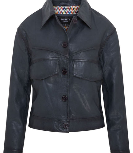 Womens Vintage Classic Lamb Leather Collared Biker Jacket - Navy