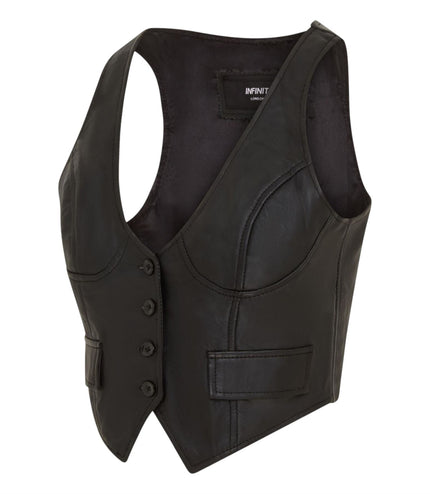 Womens Black Leather Waistcoat Biker Vest - MAM-WC