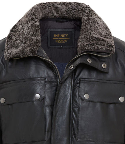 Men's Lamb Leather Puffer Bomber Warm Biker Jacket - Black