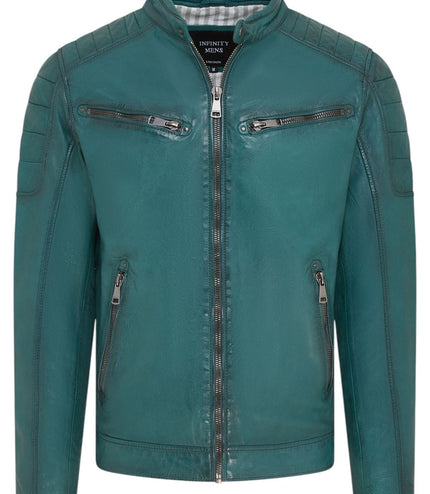 Men's Modern Classic Leather Quilted Biker Jacket - Derry - Forest Green