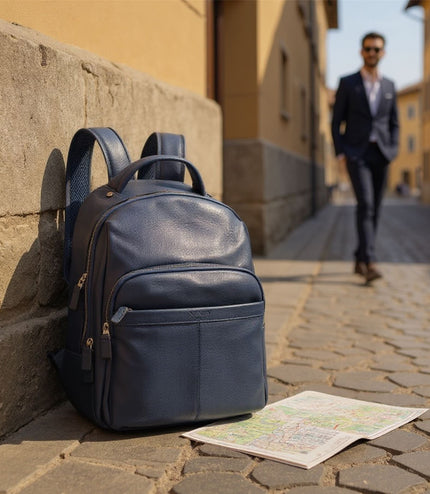 Genuine Leather Navy Blue Vintage Rucksack Laptop Bag Travel Backpack - Capri
