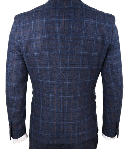 Mens 3 Piece Navy Blue Tweed Check Vintage Suit