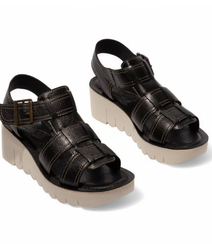 Fly London Women's Yudd236Fly Black Mousse Leather Wedge Sandals