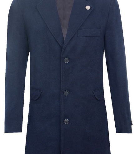 Men's Long Navy Wool Slim Fit Overcoat
