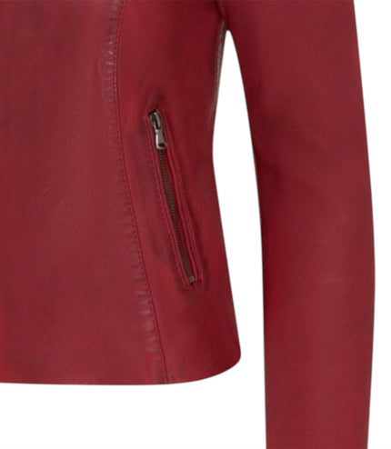 Womens Red Leather Stand Collar Racer Biker Jacket - 181