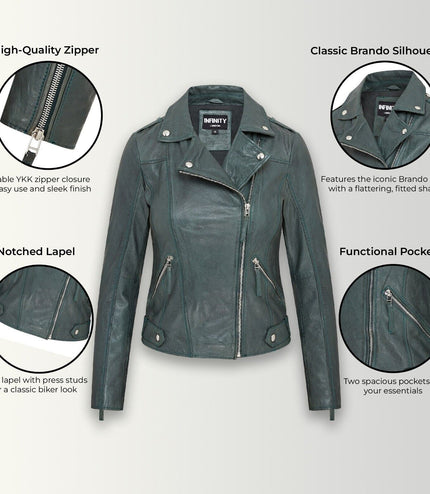 Womens Green Biker Leather Jacket - Denver