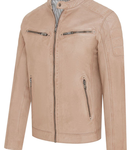Men's Modern Classic Leather Quilted Biker Jacket - Derry - Beige