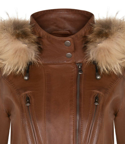 Womens Slim Fit Leather Hooded Parka Jacket-Northam - Tan