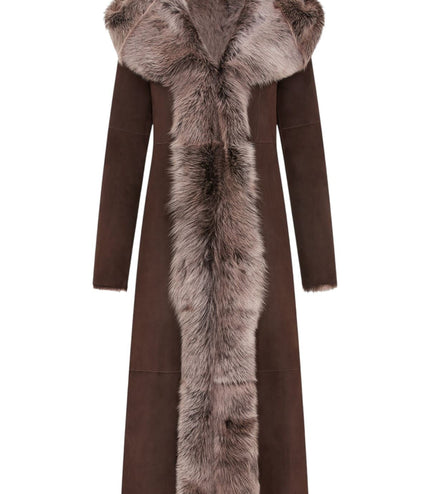 Womens Suede Toscana Sheepskin Hooded Trench Coat-Rushden - Brown Silver