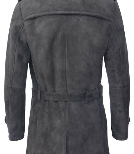 Mens Shearling Sheepskin Suede Pea Coat-Cali - Grey