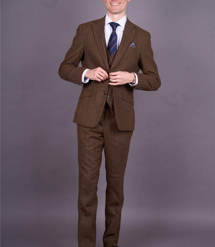 Men's Brown Pinstripe 3 Piece Slim Fit Formal Dinner Suit