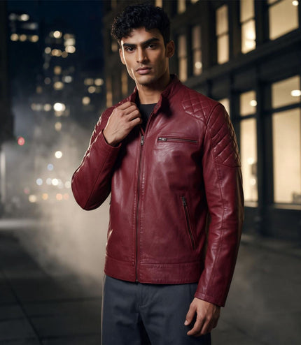 Mens Red Leather Quilted Shoulder Biker Jacket - Rock