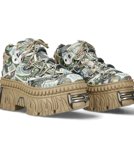 New Rock M-106Wall-C49 Dollar Bill Print Leather Platform Ankle Boots