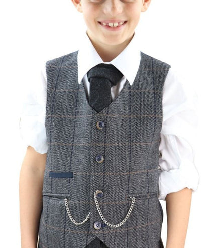 Boys 3 Piece Charcoal Grey Herringbone Tweed Check Classic  Suit