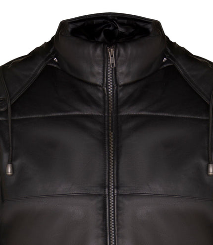 Mens Puffer Leather Bomber Jacket-Augsburg - Black