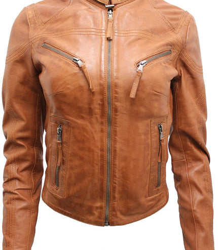 Womens Slim-Fit Leather Biker Jacket-Maldon - Brown