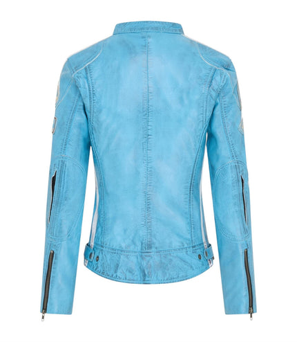 Womens Biker Racing Badges Leather Jacket-Eastleigh - Baby Blue