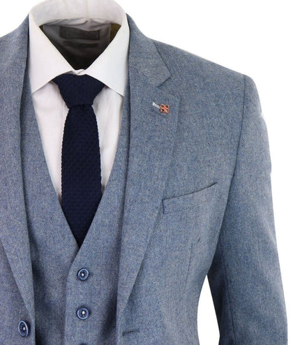 Mens 3 Piece Light Blue Tweed Tailored Fit Retro Classic Suit