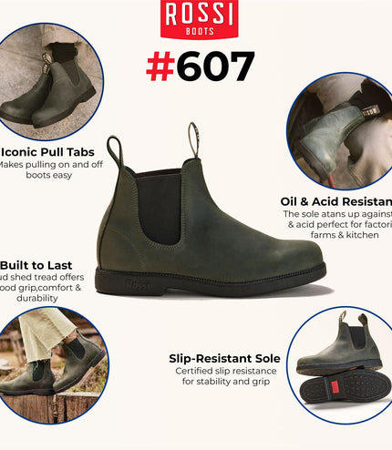 Rossi 607 Booma Moss Olive Green Leather Chelsea Boot