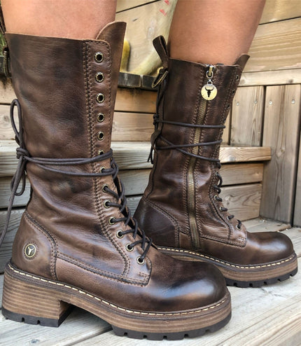 Windsorsmith Women's Brown Leather Lace-up Long Combat Boots - Roam